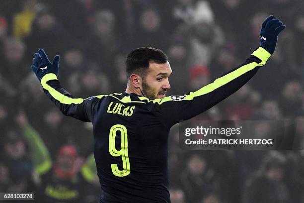 Arsenal's Spanish forward Lucas Perez celebrates after scoring a second goal during the UEFA Champions league Group A football match between FC Basel...