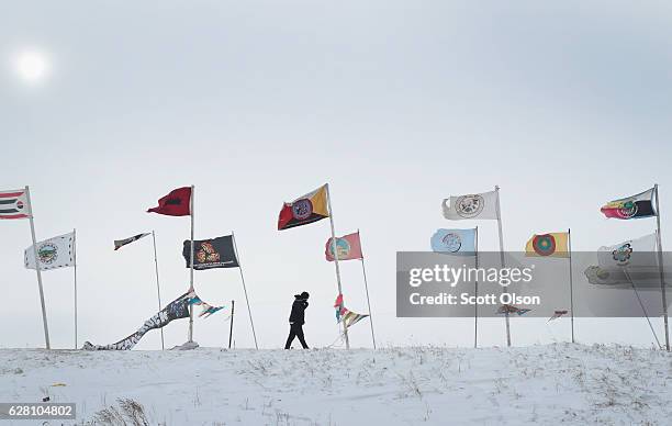 An activist fights the wind as while walking along Flag Road in Oceti Sakowin Camp as blizzard conditions grip the area around the Standing Rock...