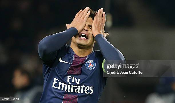 Thiago Silva of PSG reacts after missing a goal during the UEFA Champions League match between Paris Saint-Germain and PFC Ludogorets Razgrad at Parc...