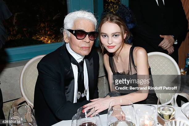 Stylist Karl Lagerfeld and Lily-Rose Depp attends the "Chanel Collection des Metiers d'Art 2016/17 : Paris Cosmopolite" : Show at Hotel Ritz on...