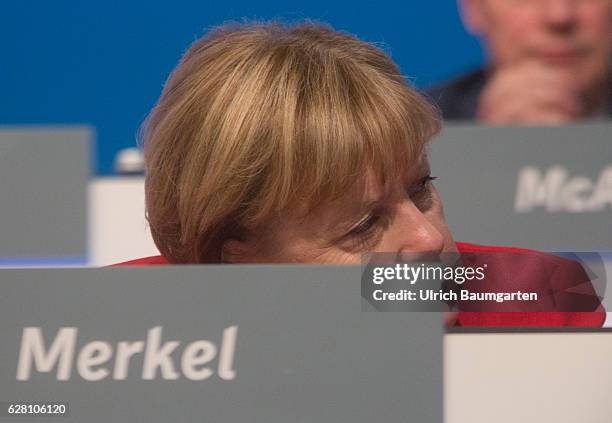 Federal party conference of the CDU in Essen. Federal Chancellor Angela Merkel, pensive, during the party conference.