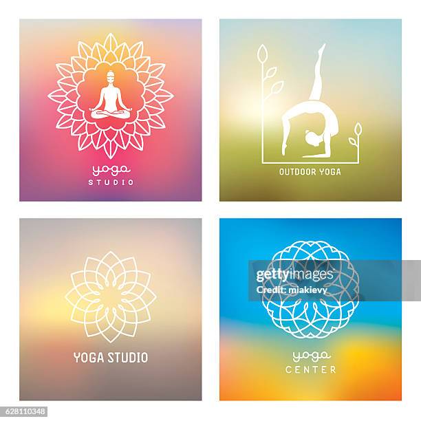 yoga design elements and emblems - lotus position stock illustrations
