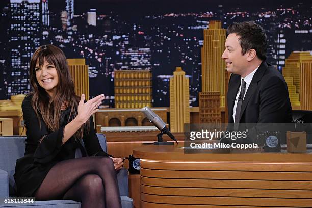 Actress Katie Holmes is interviewed by host Jimmy Fallon as he visits "The Tonight Show Starring Jimmy Fallon" at Rockefeller Center on December 6,...