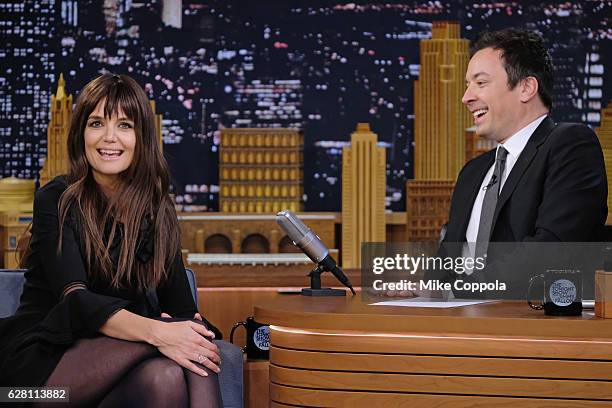 Actress Katie Holmes is interviewed by host Jimmy Fallon as he visits "The Tonight Show Starring Jimmy Fallon" at Rockefeller Center on December 6,...