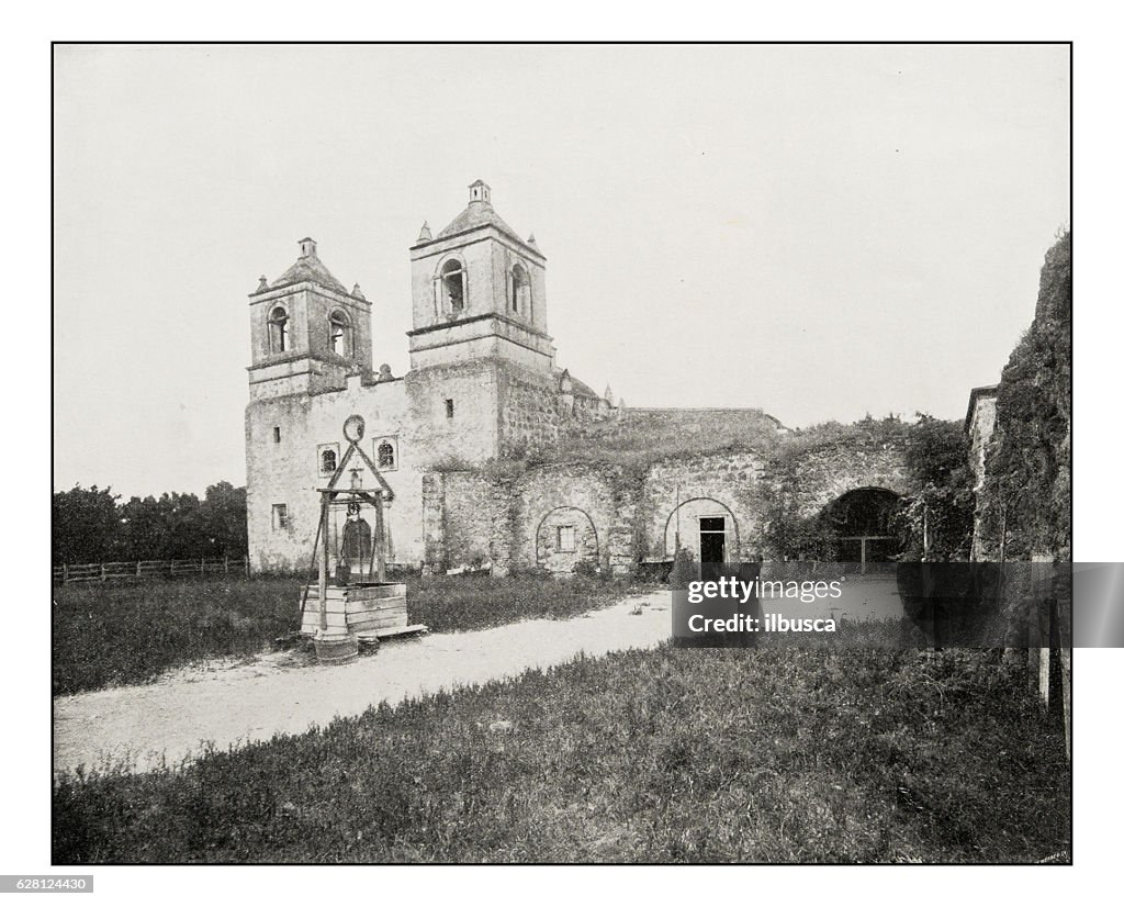 Antique photograph of Old mission in San Antonio