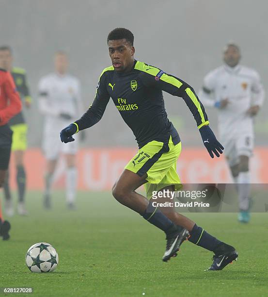 Alex Iwobi of Arsenal during the UEFA Champions League match between FC Basel and Arsenal at St. Jakob-Park on December 6, 2016 in Basel, Basel-Stadt.