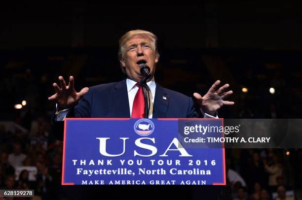 President-elect Donald Trump speaks at the Crown Coliseum in Fayetteville, North Carolina on December 6, 2016 during his USA Thank You Tour.