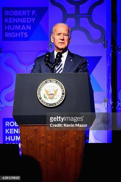 Vice President Joe Biden speaks onstage at RFK Human Rights Ripple of Hope Awards Honoring VP Joe Biden, Howard Schultz & Scott Minerd in New York...