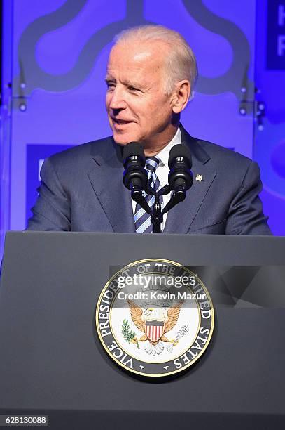 Vice President Joe Biden speaks onstage at RFK Human Rights Ripple of Hope Awards Honoring VP Joe Biden, Howard Schultz & Scott Minerd in New York...