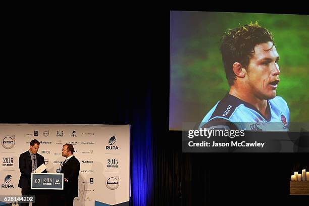 Stephen Hoiles accepts the People's Choice Wallaby of the Year Award on behalf of Michael Hooper during the the 2016 Rugby Union Players Association...