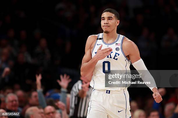 Jayson Tatum of the Duke Blue Devils reacts against the Florida Gators in the first half during the Jimmy V Classic at Madison Square Garden on...