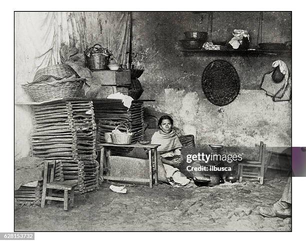 antique photograph of mexican kitchen in orizaba - empire style furniture stock illustrations