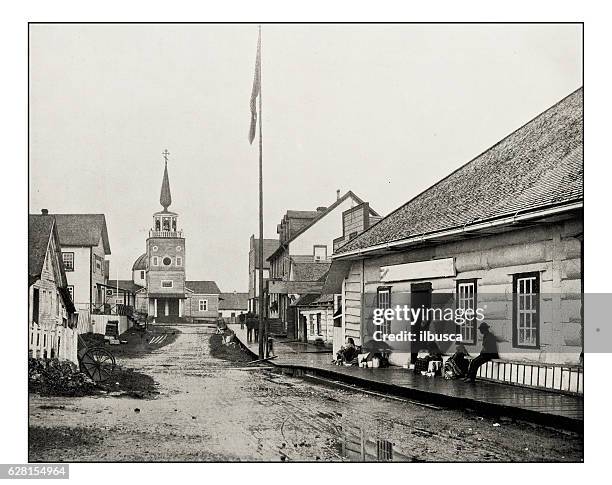 antique photograph of sitka, baranoff island, alaska - styles stock illustrations