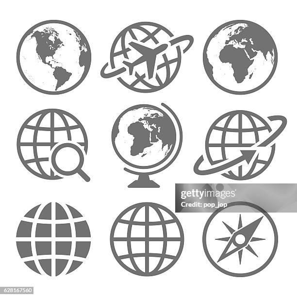 earth globe icon set - airplane icon stock illustrations
