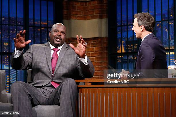 Episode 457 -- Pictured: Former basketball player, Shaquille O'Neal, during an interview with host Seth Meyers on December 6, 2016 --