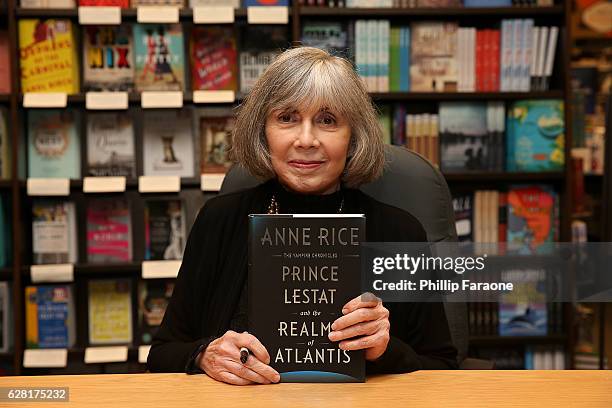 Anne Rice attends the book signing and in conversation with Christopher Rice for "Prince Lestat and The Realms of Atlantis" at Barnes & Noble on...