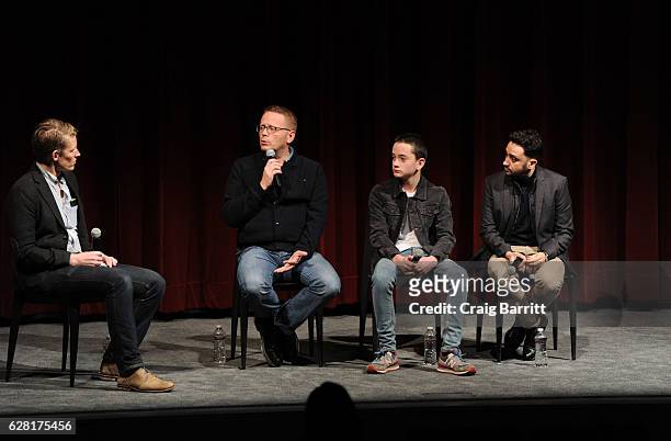 Joe McGovern, Screenwriter Patrick Ness, Actor Lewis MacDougall and Director J.A Bayona attend an Official Academy Screening of A MONSTER CALLS...