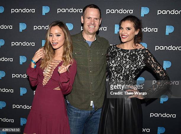 Jamie Chung, Tim Westergren and Lyndsey Rodrigues attend the Pandora Holiday Live event at Pier 36 on December 6, 2016 in New York City.