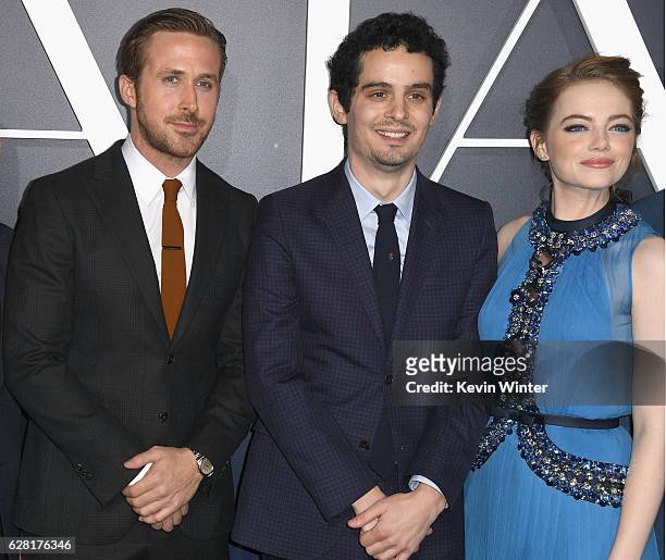 Actor Ryan Gosling, director Damien Chazelle and actress Emma Stone attend the premiere of Lionsgate's "La La Land" at Mann Village Theatre on...