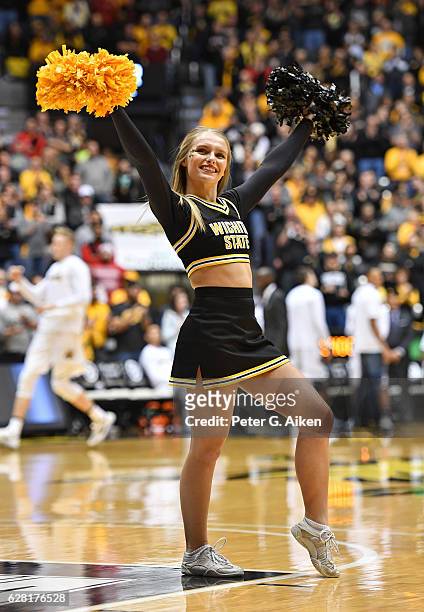 Wichita State Shockers cheerleader performs during a game against the St. Louis Billikens on December 6, 2016 at Charles Koch Arena in Wichita,...