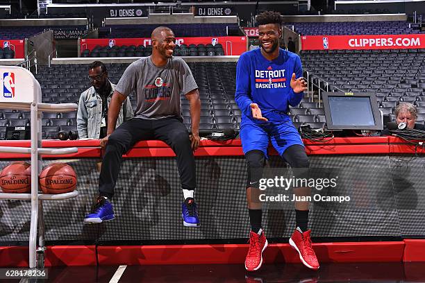 Chris Paul of the LA Clippers talks with Reggie Bullock of the Detroit Pistons before the game on November 7, 2016 at the STAPLES Center in Los...