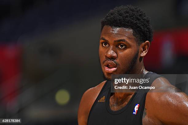 Andre Drummond of the Detroit Pistons warms up before the game against the LA Clippers on November 7, 2016 at the STAPLES Center in Los Angeles,...