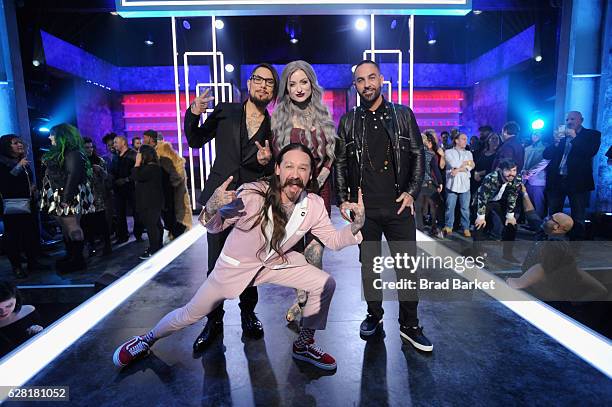 Host Dave Navarro, judge Oliver Peck, Season 8 winner of "Ink Master" Ryan Ashley, and judge Chris Nunez pose onstage during "Ink Master" Season 8...