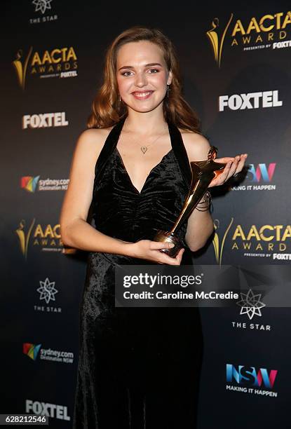 Odessa Young poses in the media room after winning the AACTA Award for Best Lead Actress for The Daughter at the 6th AACTA Awards Presented by Foxtel...