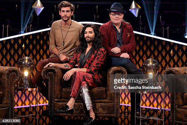 Alvaro Soler, Thomas Neuwirth alias Conchita Wurst and Angelo Kelly attend the RTL TV Show 'It Takes 2' on November 8, 2016 in Cologne, Germany.