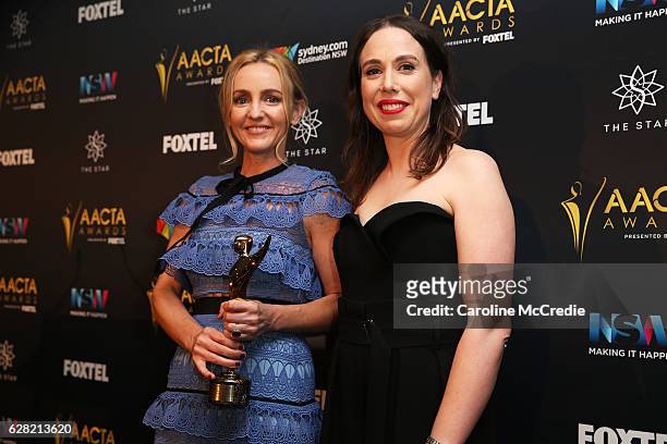 Sarah Scheller and Alison Bell pose in the media room after winning the AACTA Award for Best Screenplay in Television for ABC Comedy Showroom - The...