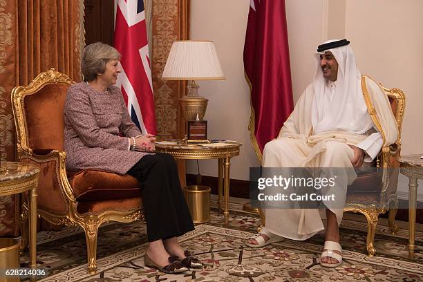 British Prime Minister Theresa May meets Sheikh Tamim bin Hamad Al Thani, the Emir of Qatar, during a bilateral meeting at the Gulf Cooperation...