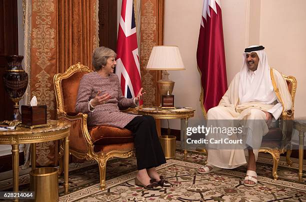 British Prime Minister Theresa May meets Sheikh Tamim bin Hamad Al Thani, the Emir of Qatar, during a bilateral meeting at the Gulf Cooperation...