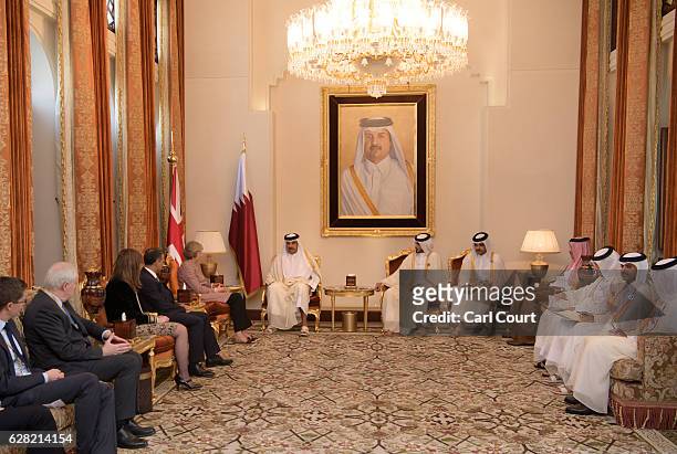 British Prime Minister Theresa May meets Sheikh Tamim bin Hamad Al Thani , the Emir of Qatar, during a bilateral meeting at the Gulf Cooperation...
