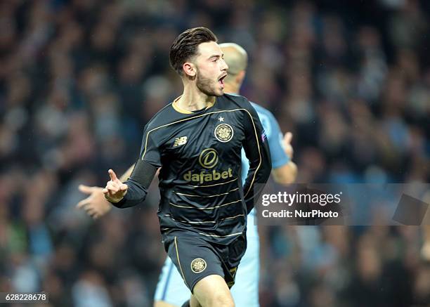 Patrick Roberts of Celtic celebratees his goal during UEFA Champions League - Group C match between Manchester City and Celtic at City of Manchester...