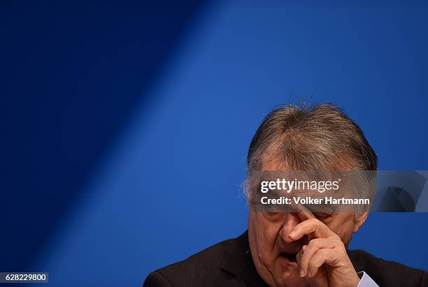 The CDU Member of the European Parliament, Herbert Reulduring reacts on the Podium during the 29th annual congress of the Christian Democrats on...