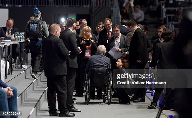 The Federal Minister for Finance, Wolfgang Schaeuble speaks with Delegates during the 29th annual congress of the Christian Democrats on December 7,...