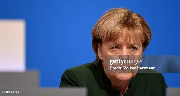 Chancellor and Chairwoman of the German Christian Democrats Angela Merkel sits on the Podium during the 29th annual congress of the Christian...