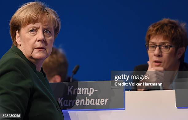 Chancellor and Chairwoman of the German Christian Democrats Angela Merkel speaks on the Podium with the Prime Minister of the Saarland, Annegret...