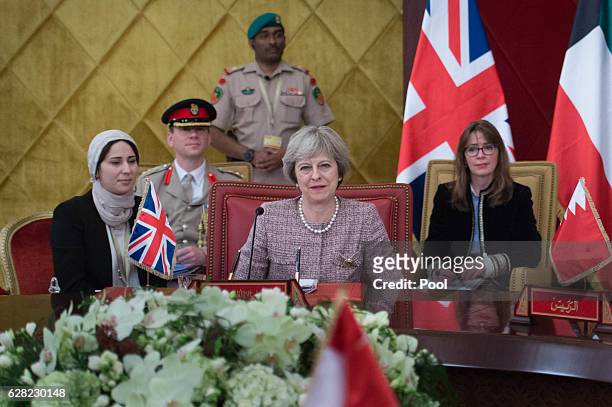Prime Minister Theresa May attends a working session of the Gulf Cooperation Council meeting on December 7, 2016 in Manama, Bahrain.