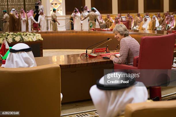 Prime Minister Theresa May attends a working session of the Gulf Cooperation Council meeting on December 7, 2016 in Manama, Bahrain.