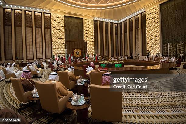 British Prime Minister, Theresa May attends a plenary session on the second day of the Gulf Cooperation Council summit, on December 7, 2016 in...