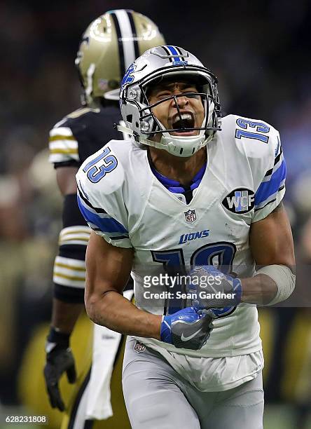 Jones of the Detroit Lions reacts after gaining a first down against the New Orleans Saints during the second half at the Mercedes-Benz Superdome on...