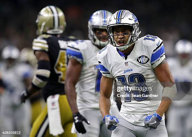 Jones of the Detroit Lions reacts after gaining a first down against the New Orleans Saints during the second half at the Mercedes-Benz Superdome on...