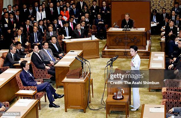 Opposition Democratic Party President Renho questions to Japanese Prime Minister and ruling Liberal Democratic Party President Shinzo Abe during...