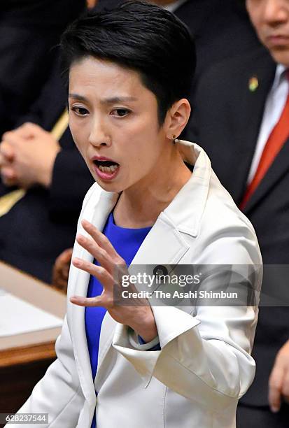 Opposition Democratic Party President Renho questions to Japanese Prime Minister and ruling Liberal Democratic Party President Shinzo Abe during...