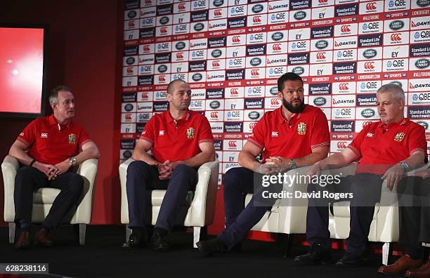 Head coach Warren Gatland sits alongside assistant coaches Rob Howley , Steve Borthwick and Andy Farrell during the 2017 British & Irish Lions...