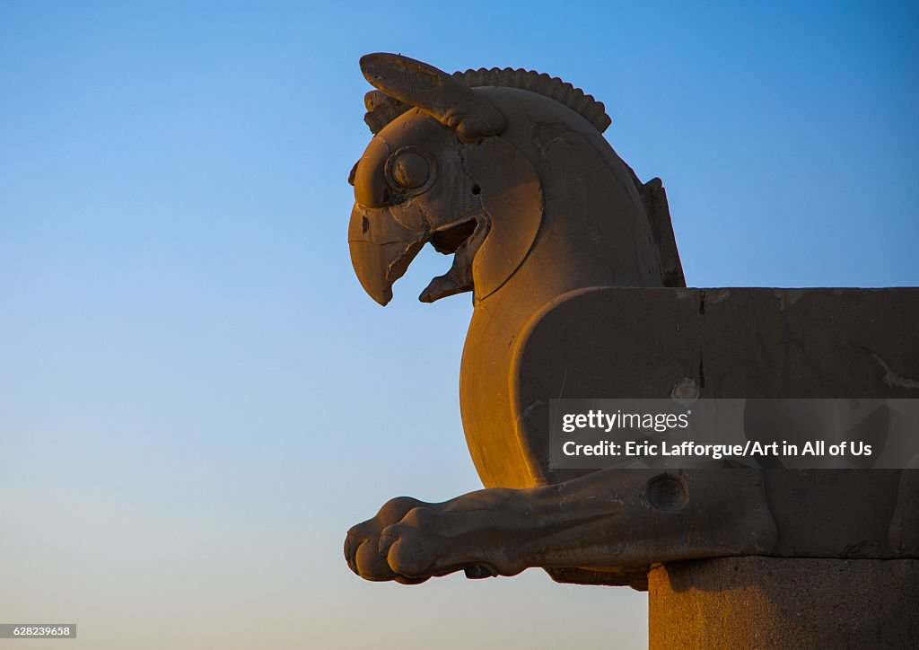 Zoomorphic griffin capital at Persepolis, Fars Province, Marvdasht, Iran...