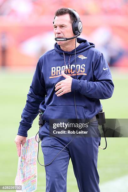 Coach Gary Kubiak of the Denver Broncos looks on during the game against the San Diego Chargers at Sports Authority Field At Mile High on October 30,...