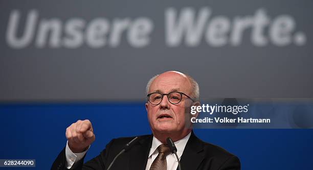 The Chairman of the CDU/CSU parliamentary group, Volker Kauder speaks during the 29th annual congress of the Christian Democrats on December 7, 2016...