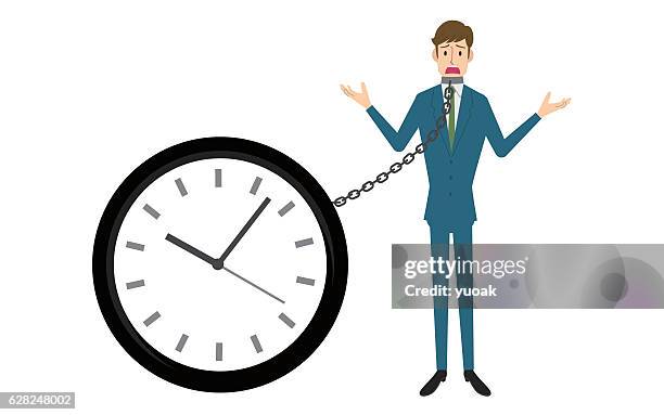 businessman chained to time - standing on end stock illustrations